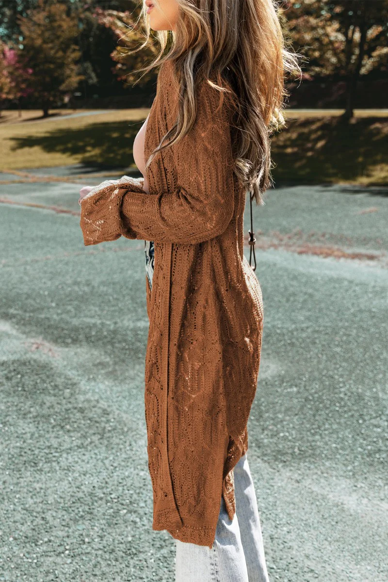 Openwork Open Front Long Sleeve Cardigan - Image 15