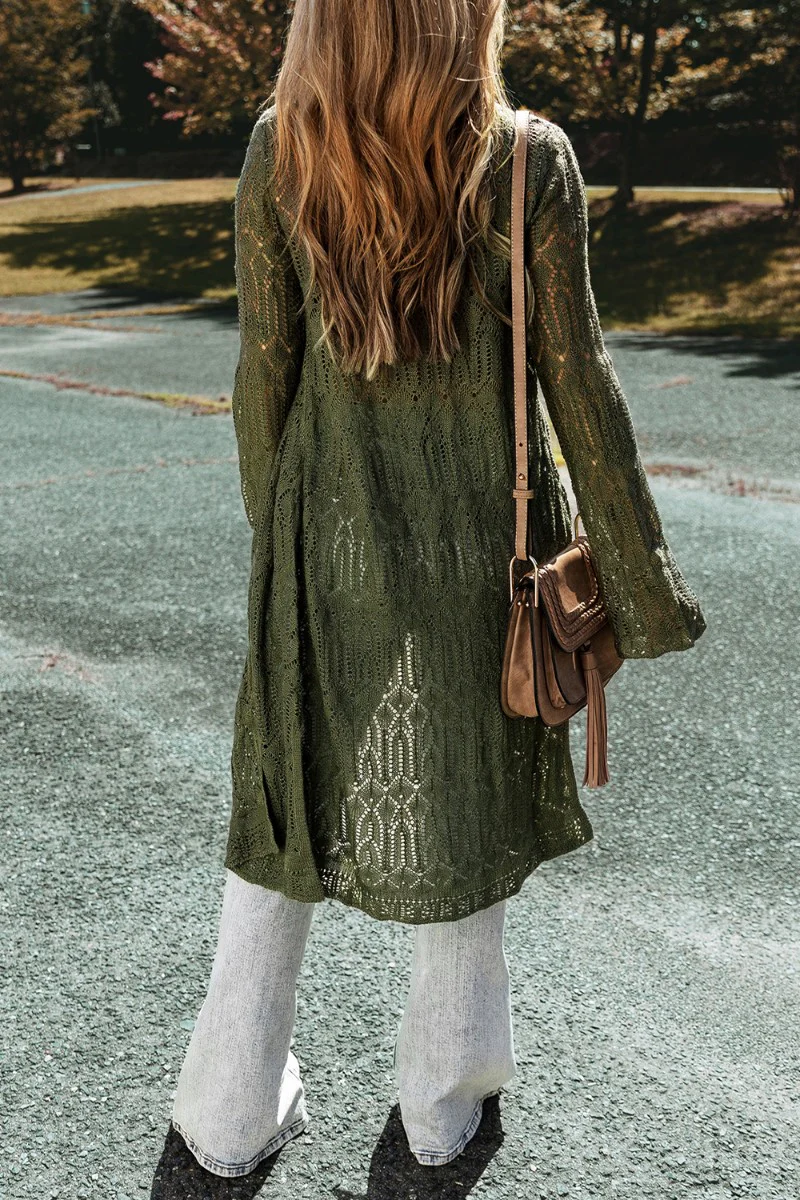 Openwork Open Front Long Sleeve Cardigan - Image 5