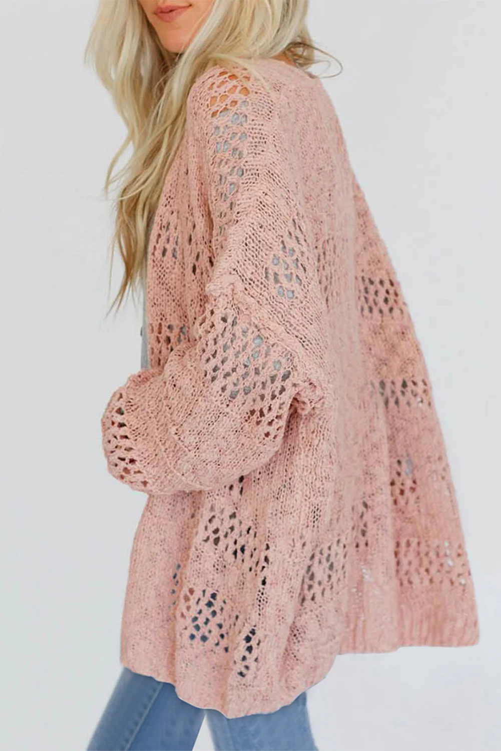 Openwork Open Front Long Sleeve Cardigan - Image 2