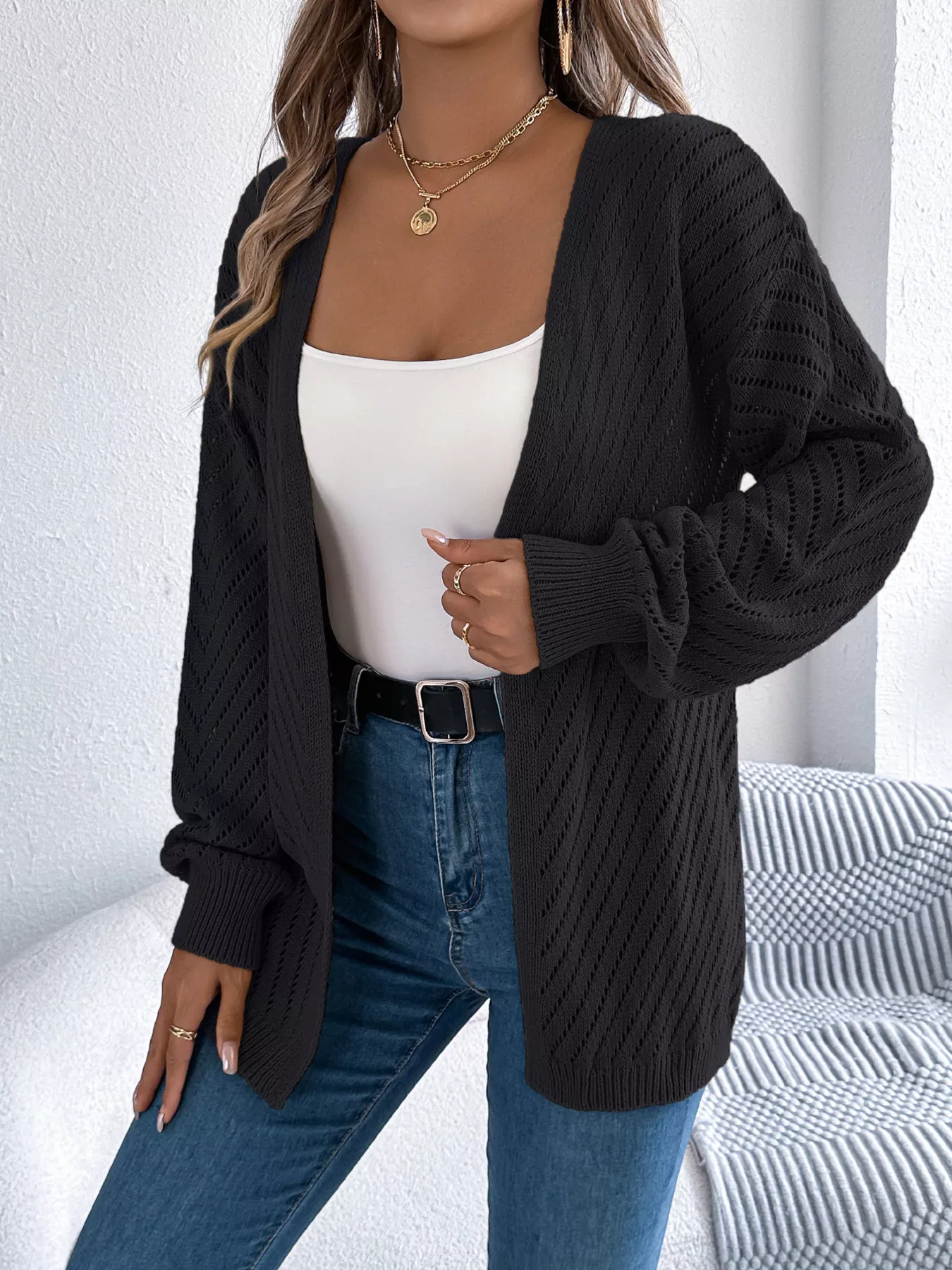 Openwork Open-Front Long Sleeve Cardigan - Image 11