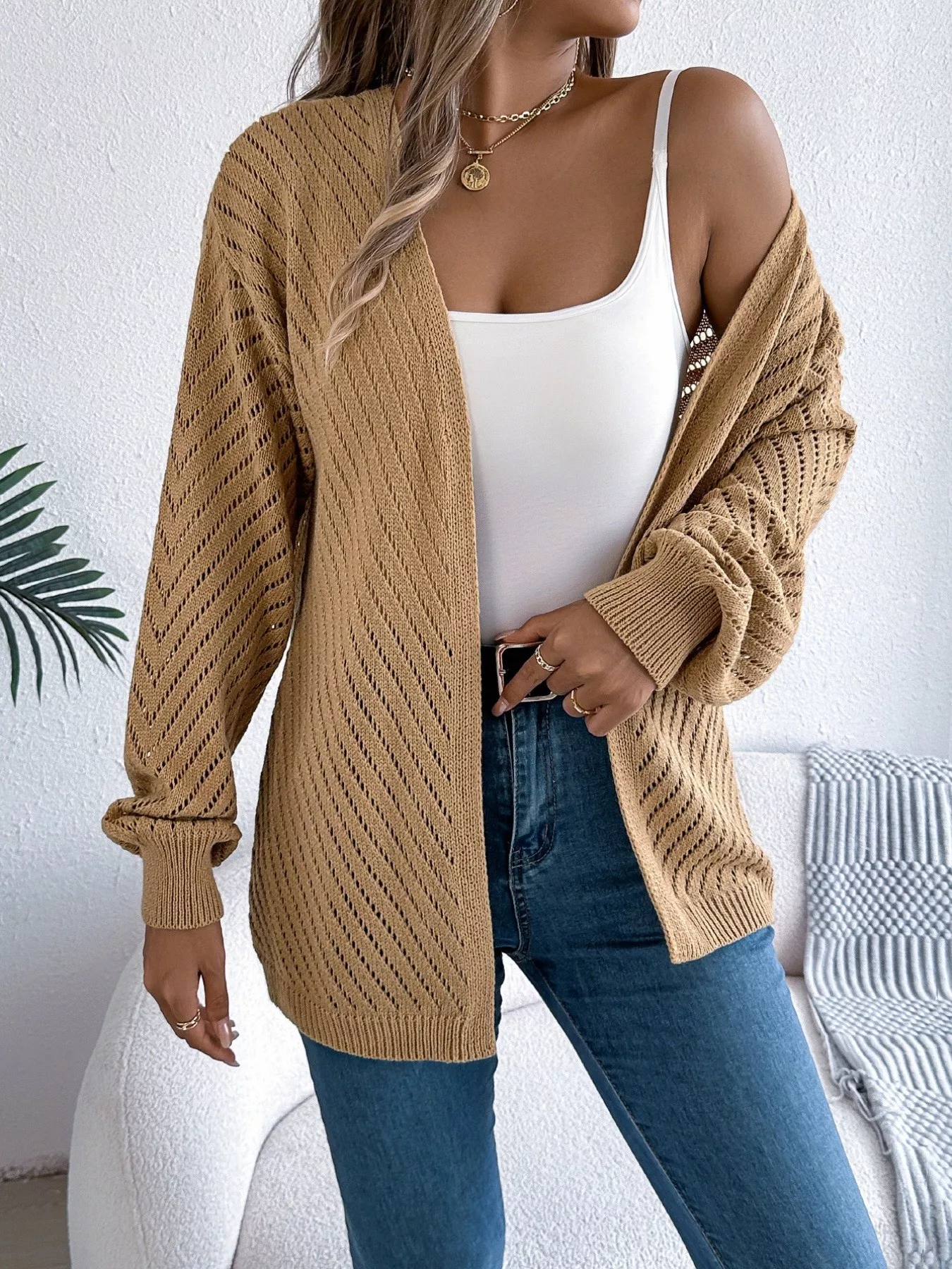 Openwork Open-Front Long Sleeve Cardigan - Image 13