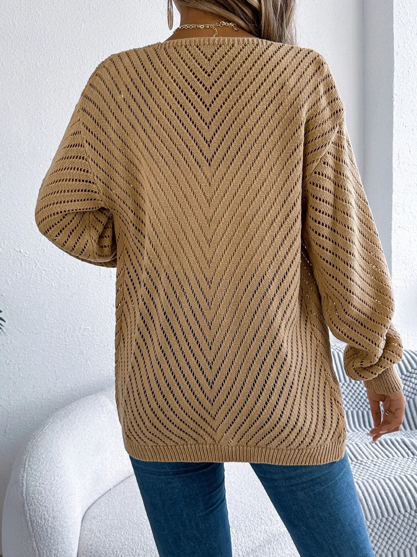 Openwork Open-Front Long Sleeve Cardigan - Image 14