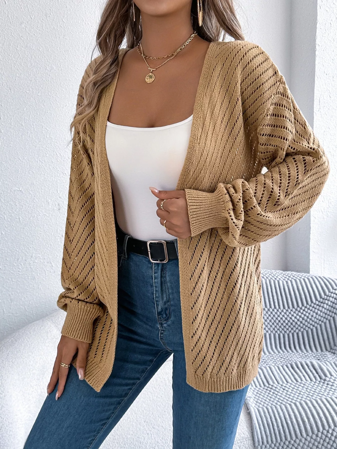 Openwork Open-Front Long Sleeve Cardigan - Image 17