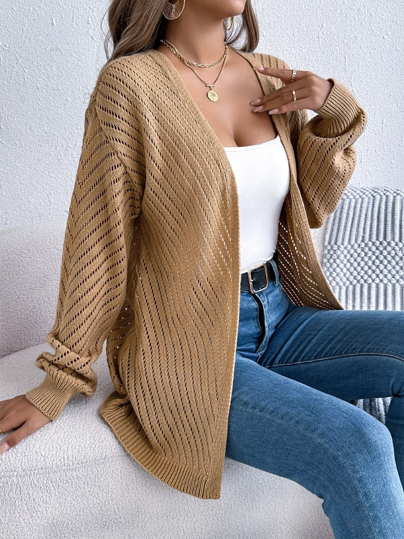 Openwork Open-Front Long Sleeve Cardigan - Image 18