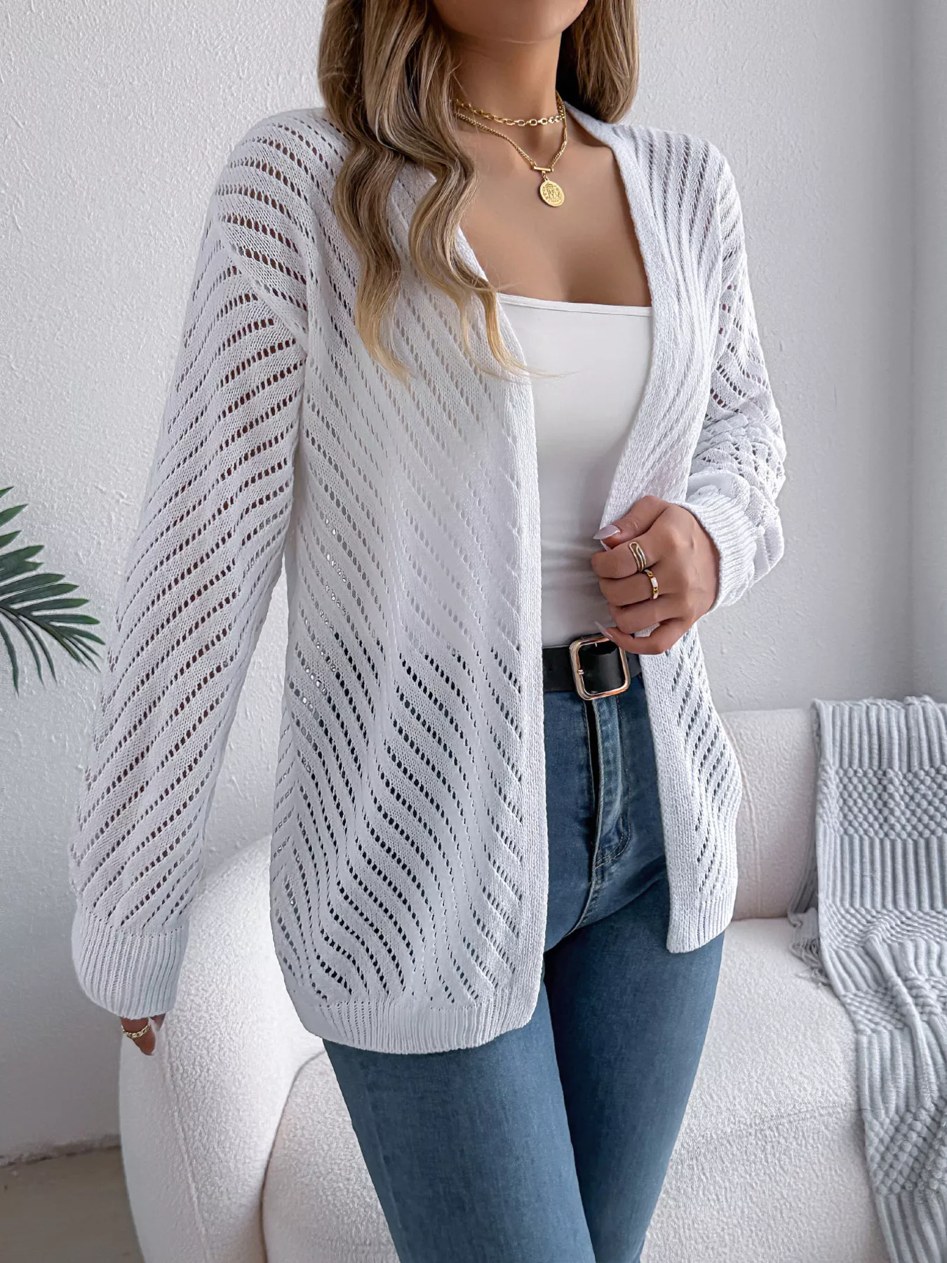 Openwork Open-Front Long Sleeve Cardigan - Image 3