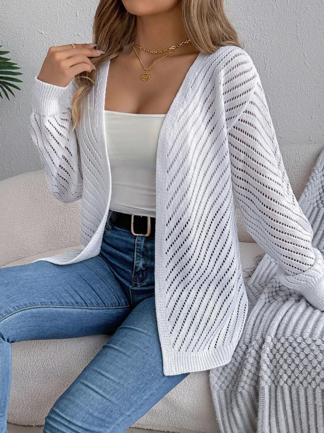 Openwork Open-Front Long Sleeve Cardigan - Image 4