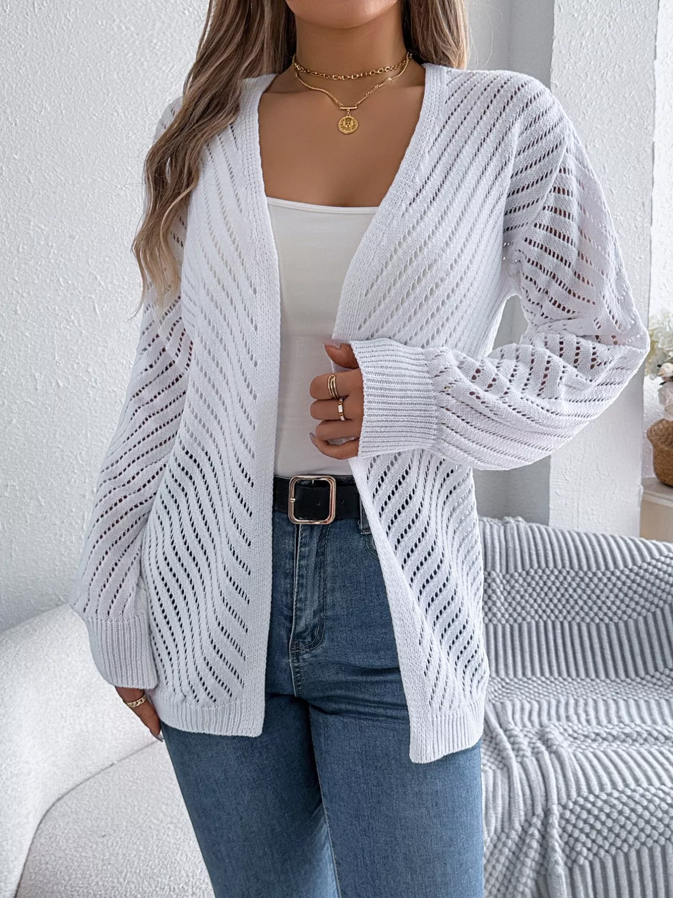 Openwork Open-Front Long Sleeve Cardigan - Image 5