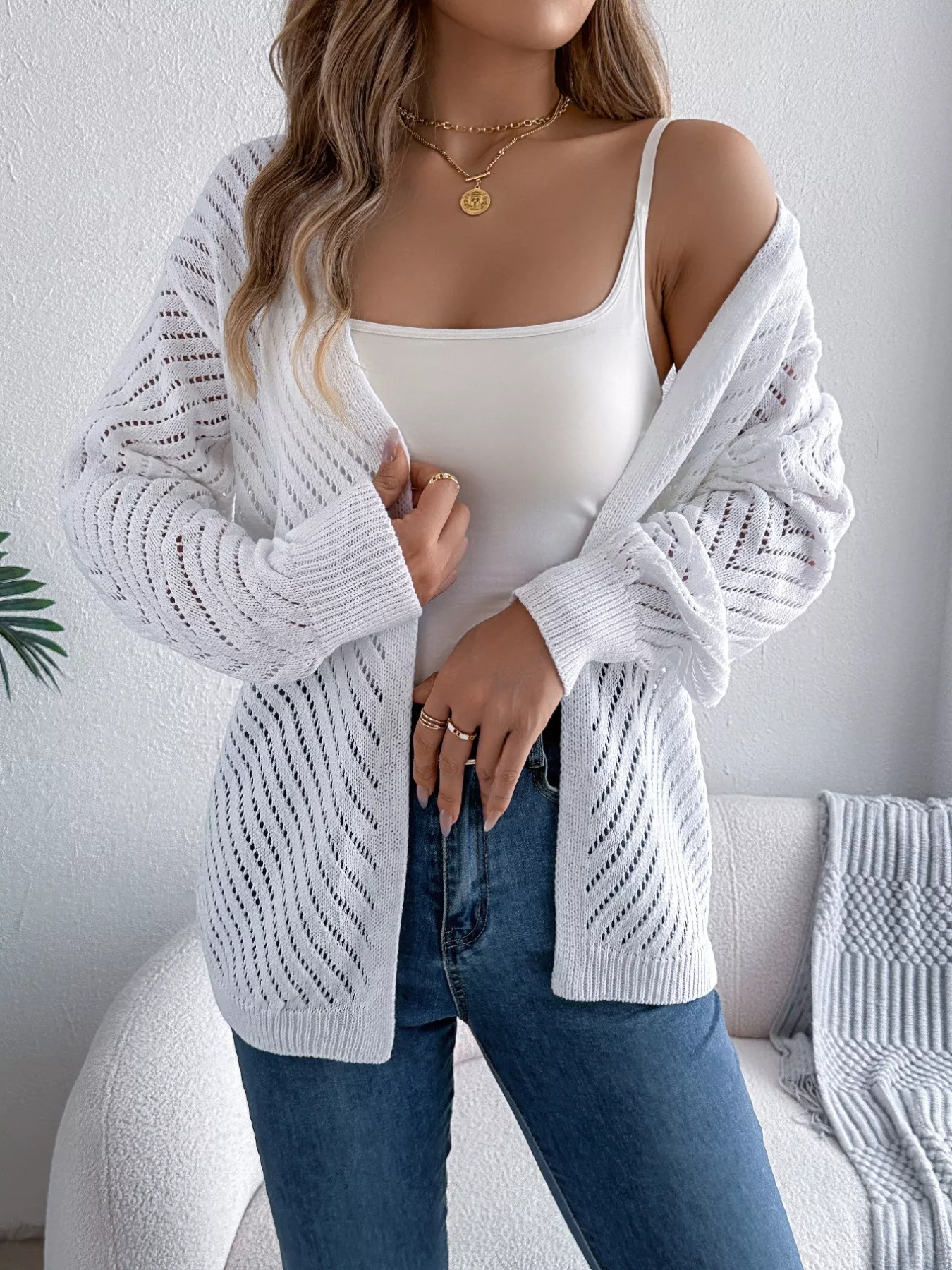 Openwork Open-Front Long Sleeve Cardigan - Image 6