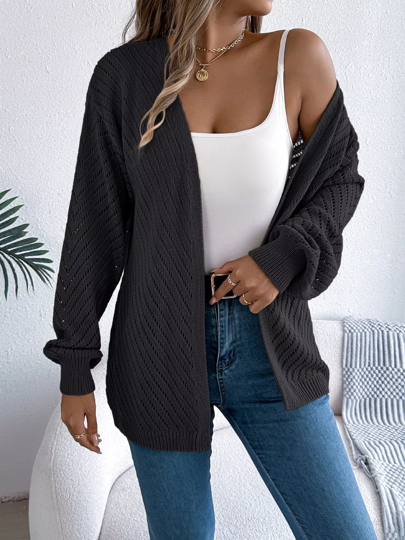 Openwork Open-Front Long Sleeve Cardigan - Image 7