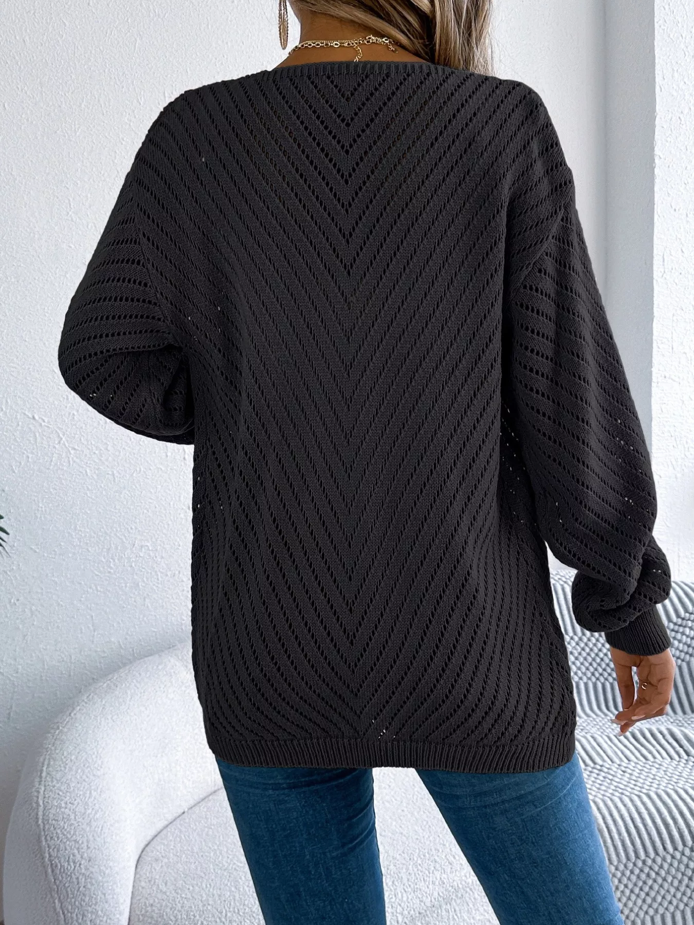 Openwork Open-Front Long Sleeve Cardigan - Image 8