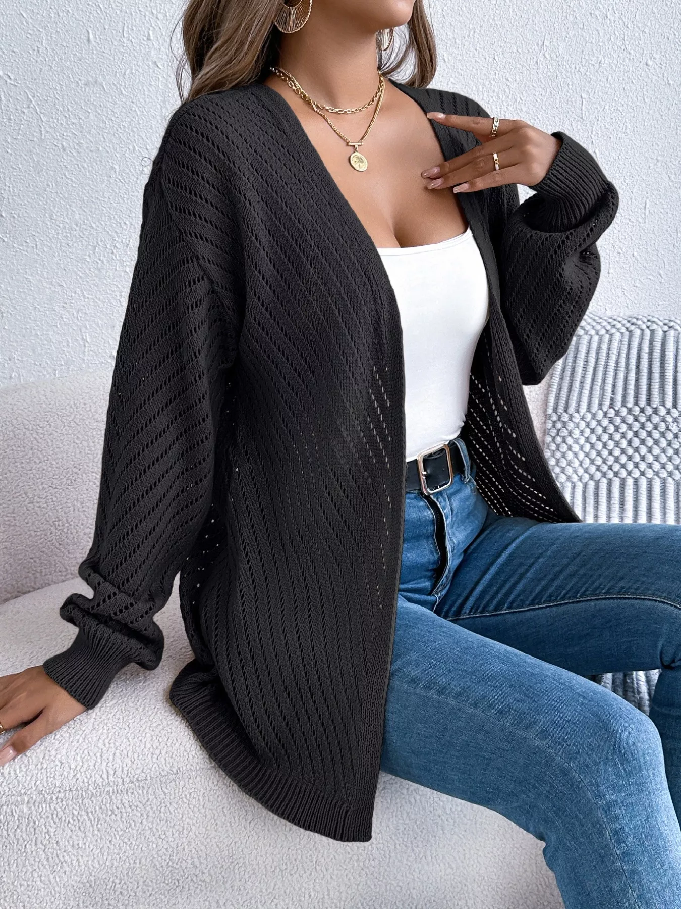 Openwork Open-Front Long Sleeve Cardigan - Image 9