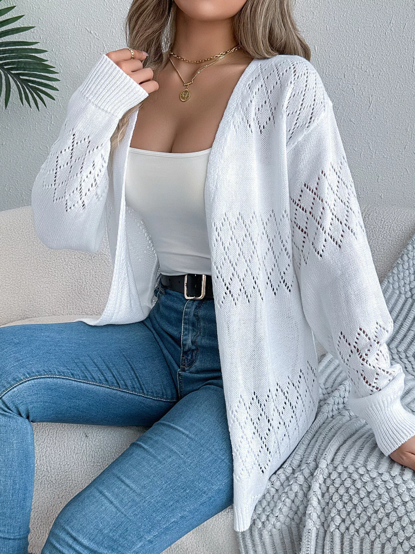 Openwork Open Front Long Sleeve Cardigan - Image 11