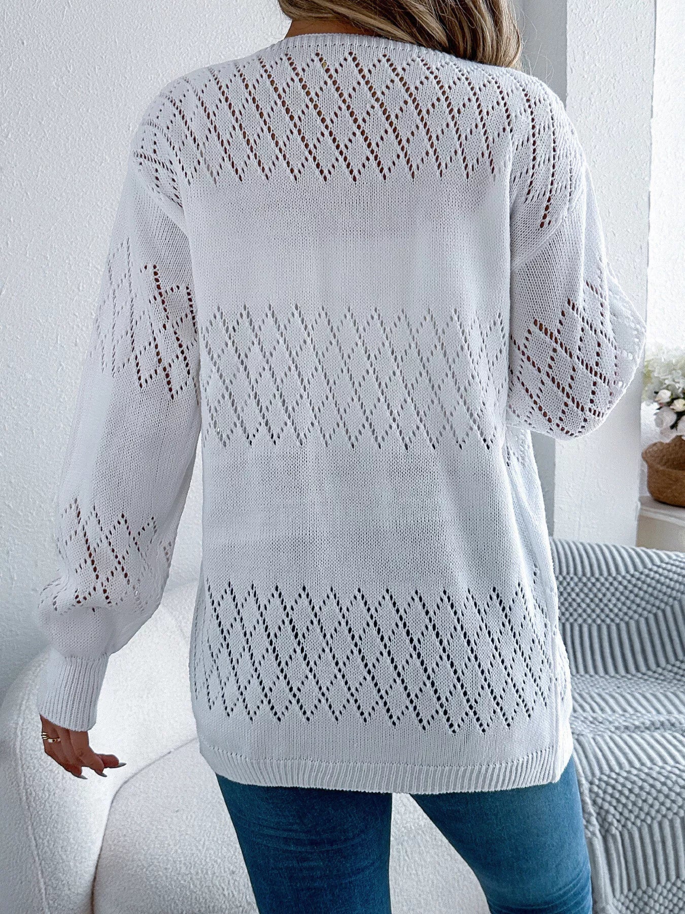 Openwork Open Front Long Sleeve Cardigan - Image 12