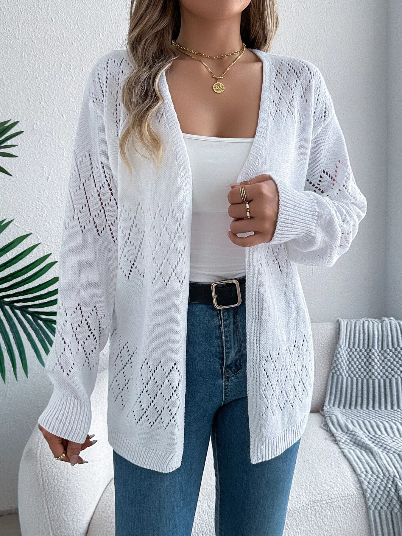 Openwork Open Front Long Sleeve Cardigan - Image 13