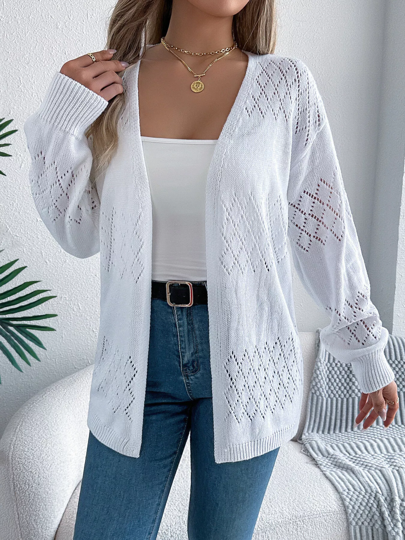 Openwork Open Front Long Sleeve Cardigan - Image 14