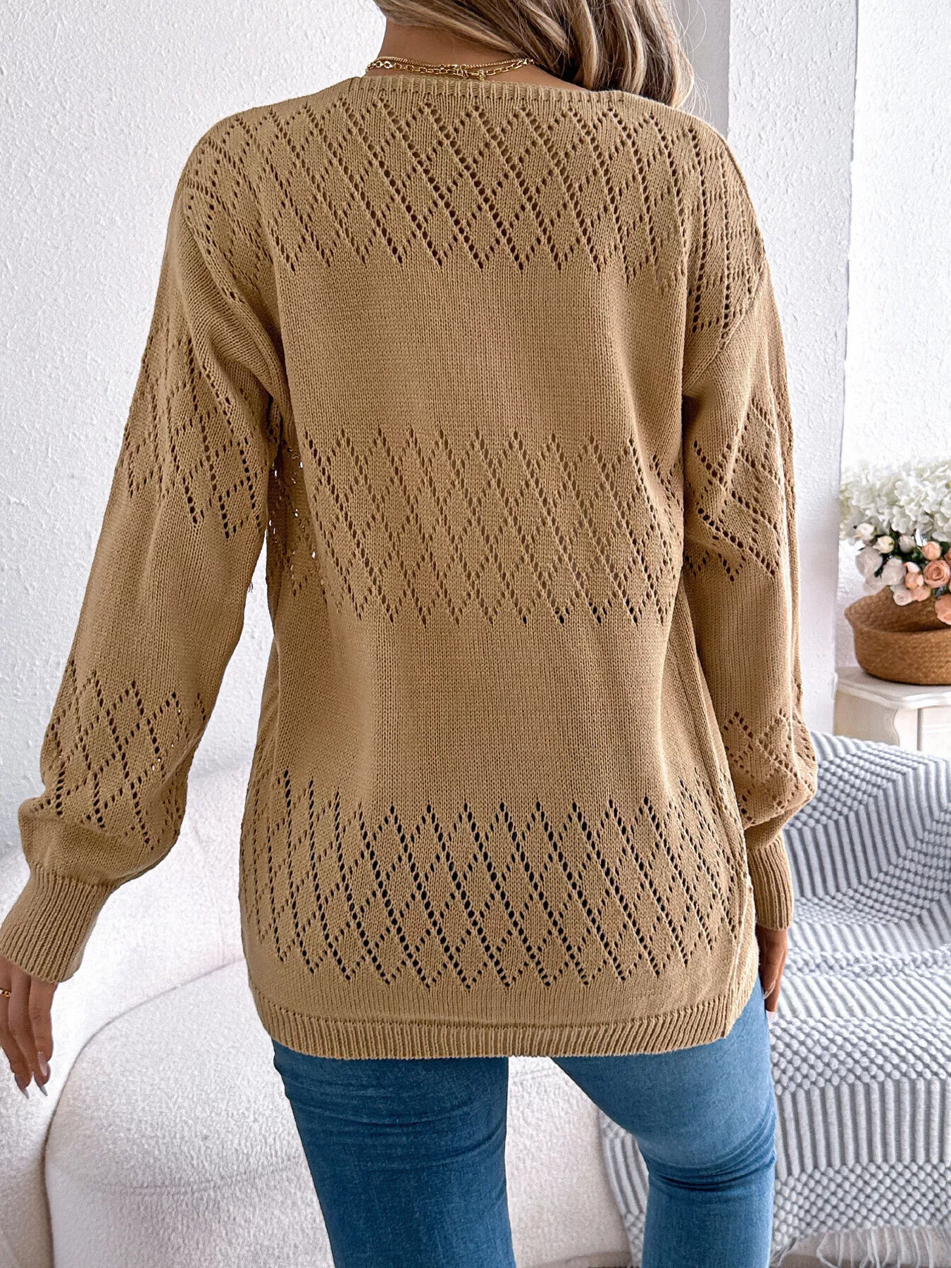 Openwork Open Front Long Sleeve Cardigan - Image 2