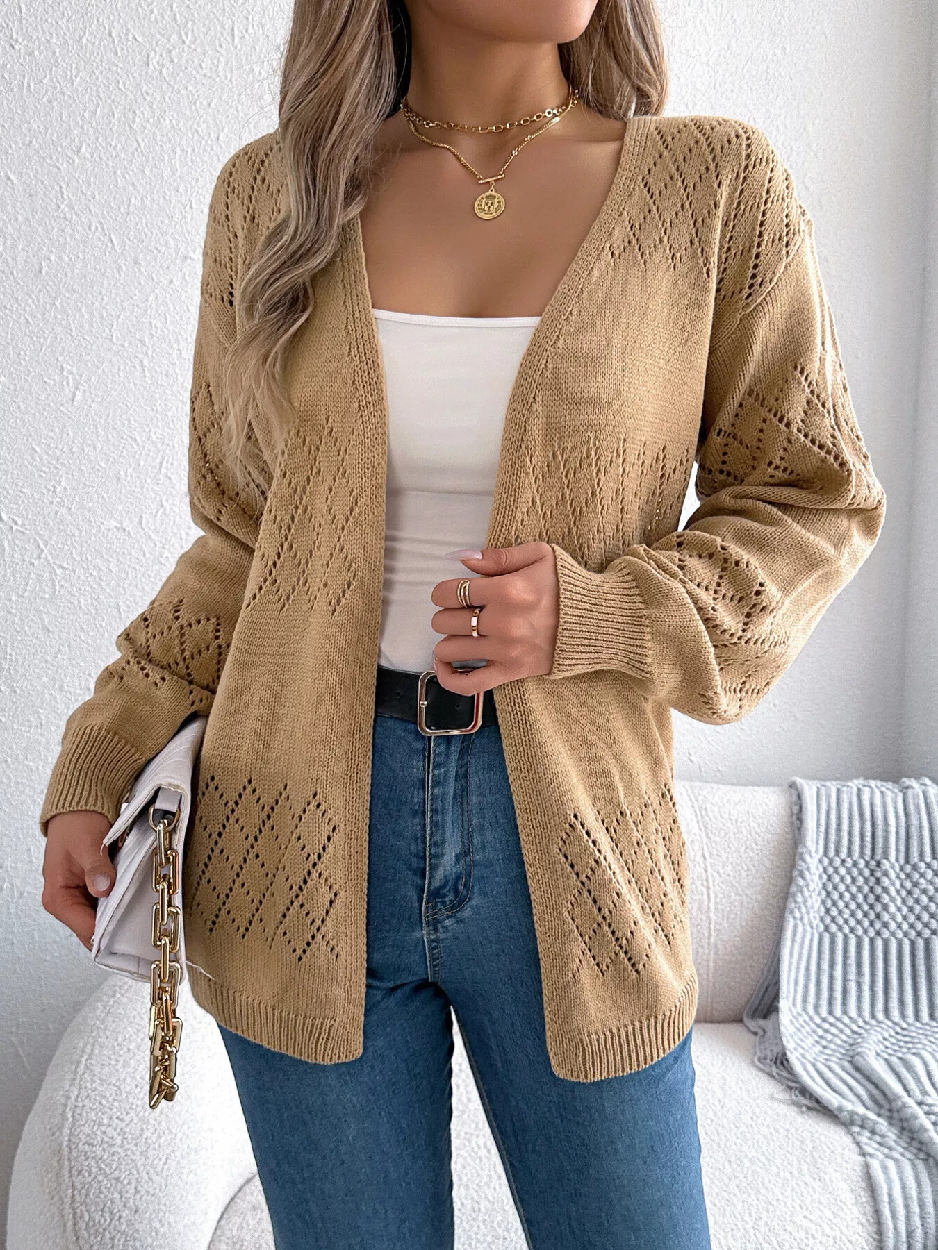 Openwork Open Front Long Sleeve Cardigan - Image 3