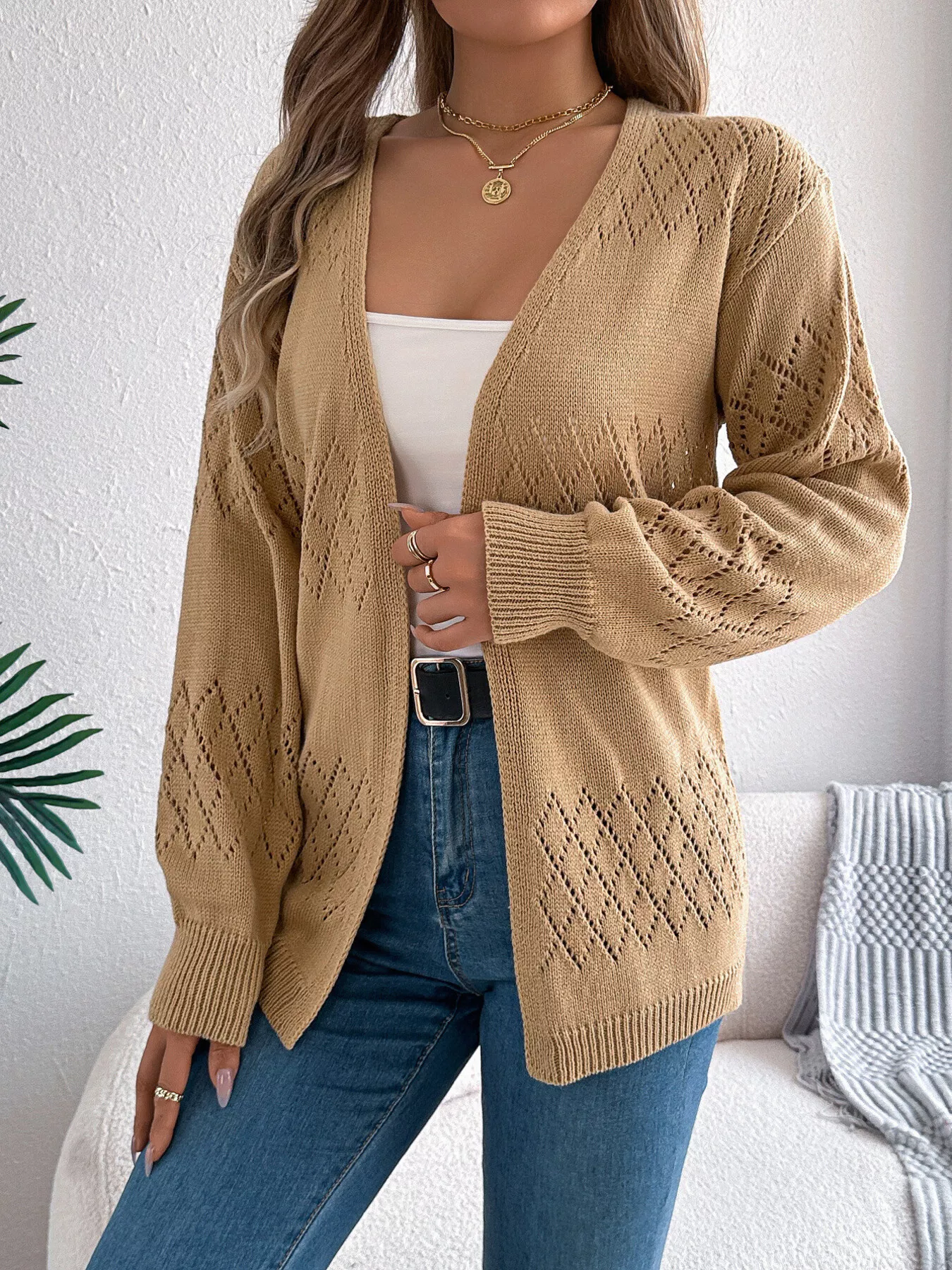 Openwork Open Front Long Sleeve Cardigan - Image 4