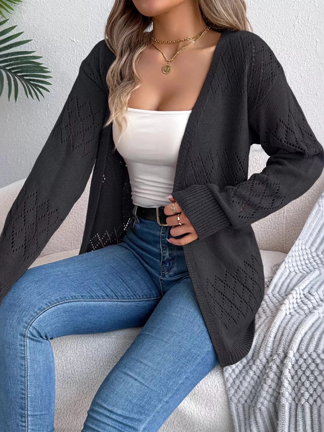 Openwork Open Front Long Sleeve Cardigan - Image 6