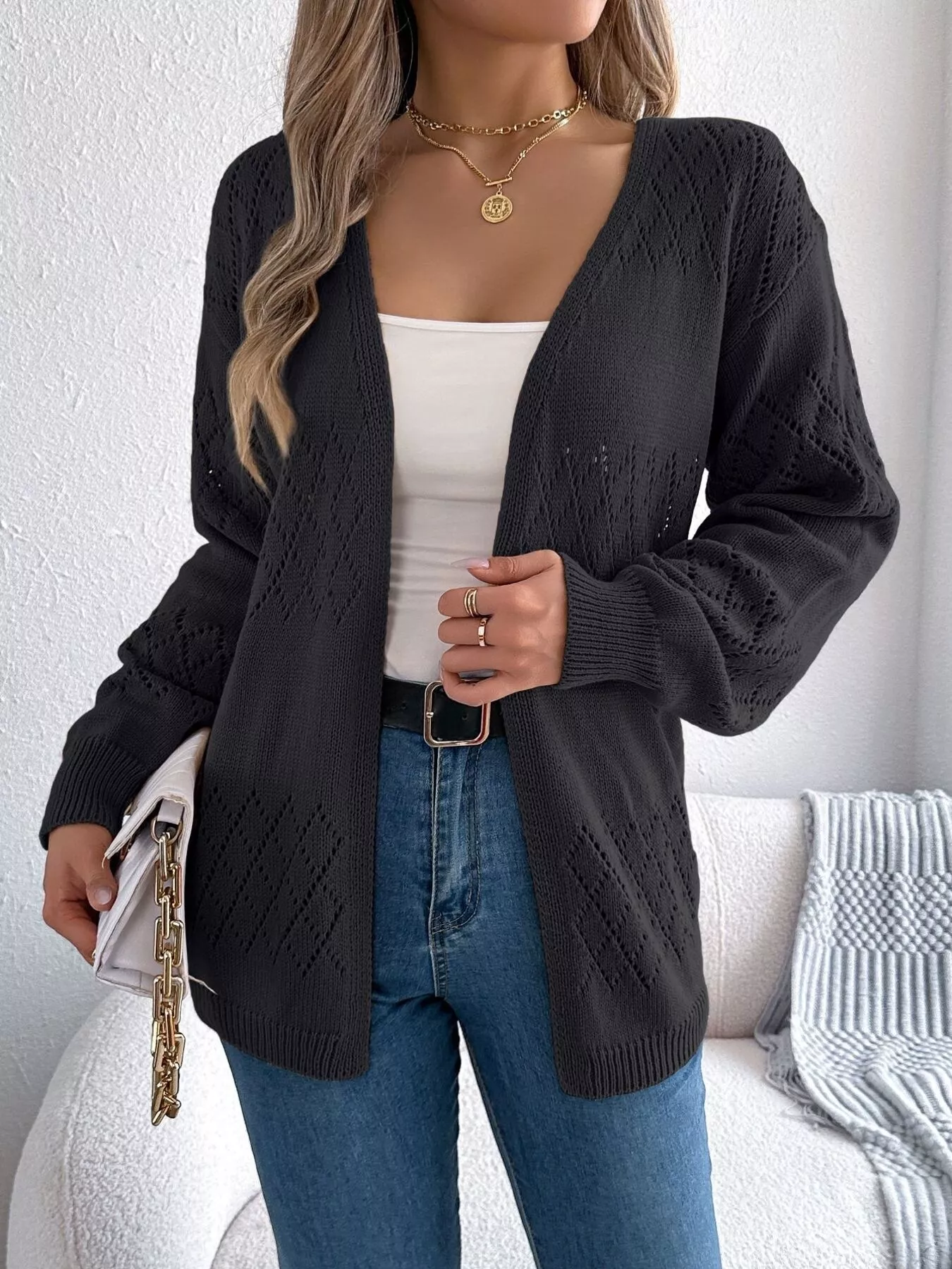 Openwork Open Front Long Sleeve Cardigan - Image 8