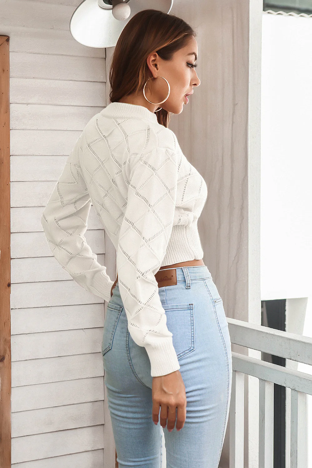 Openwork Plaid Round Neck Cropped Sweater - Image 8