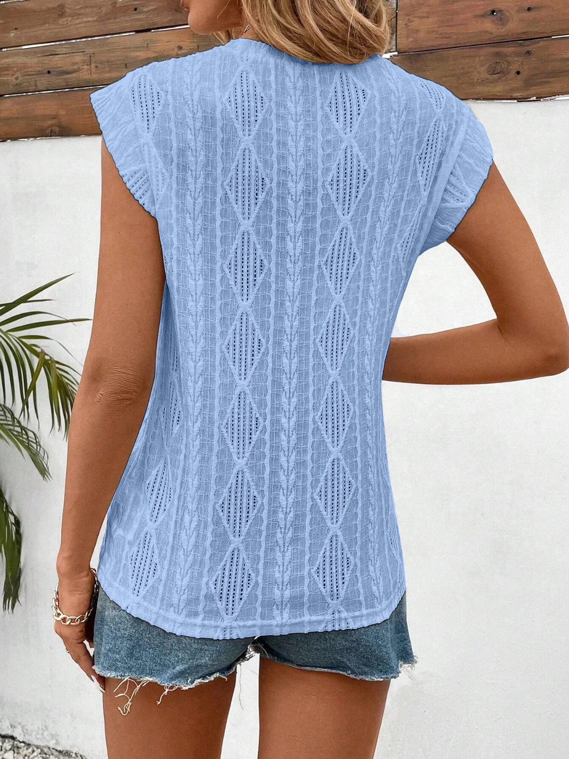 Openwork Round Neck Cap Sleeve Top - Image 10