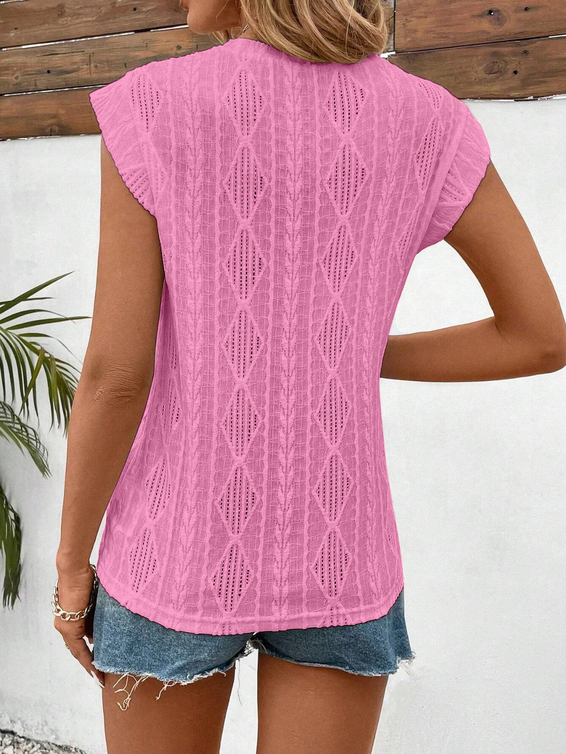 Openwork Round Neck Cap Sleeve Top - Image 13