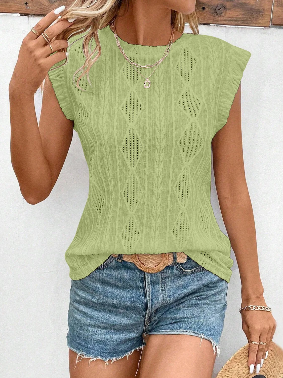 Openwork Round Neck Cap Sleeve Top - Image 17