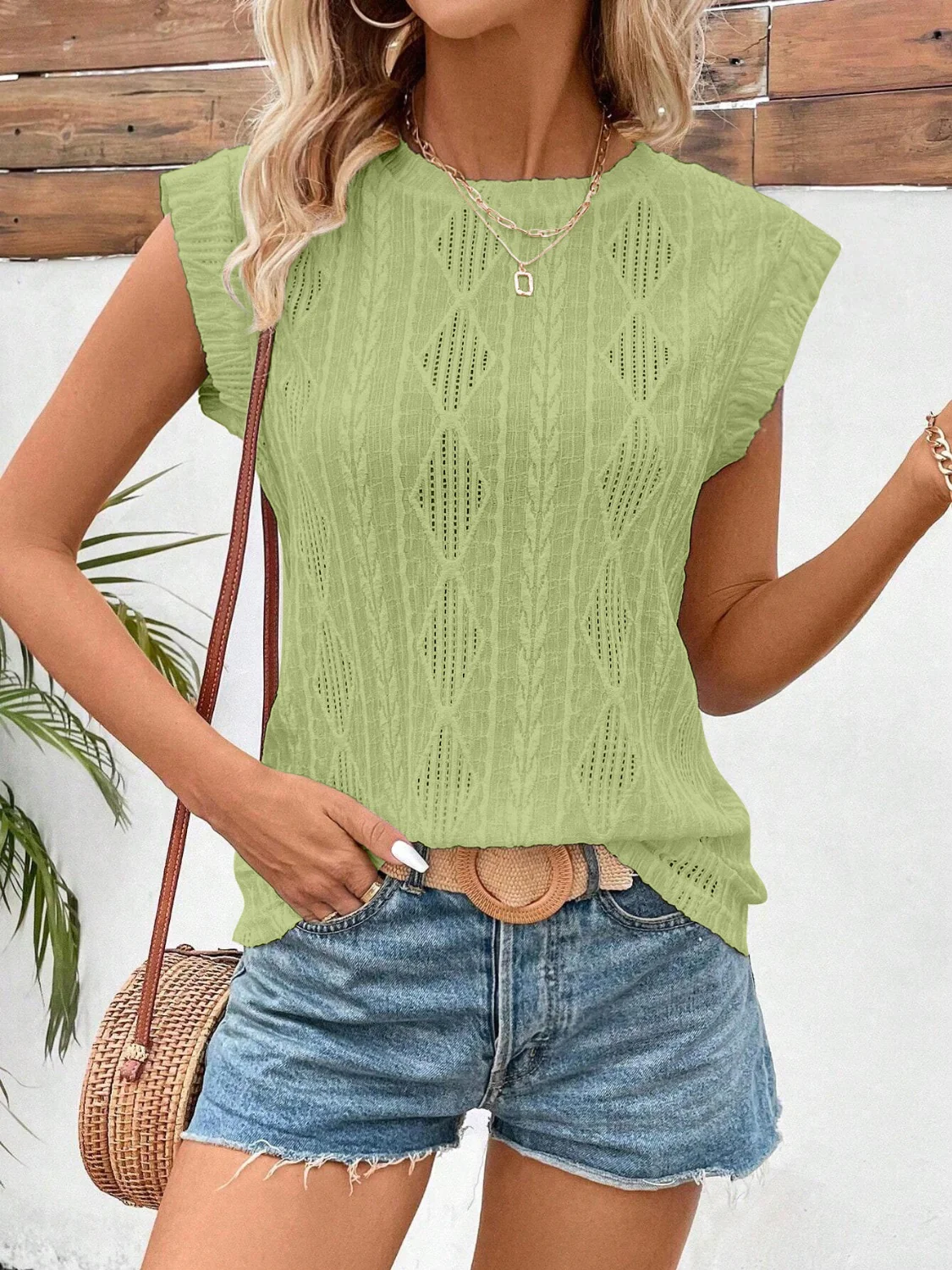 Openwork Round Neck Cap Sleeve Top - Image 19