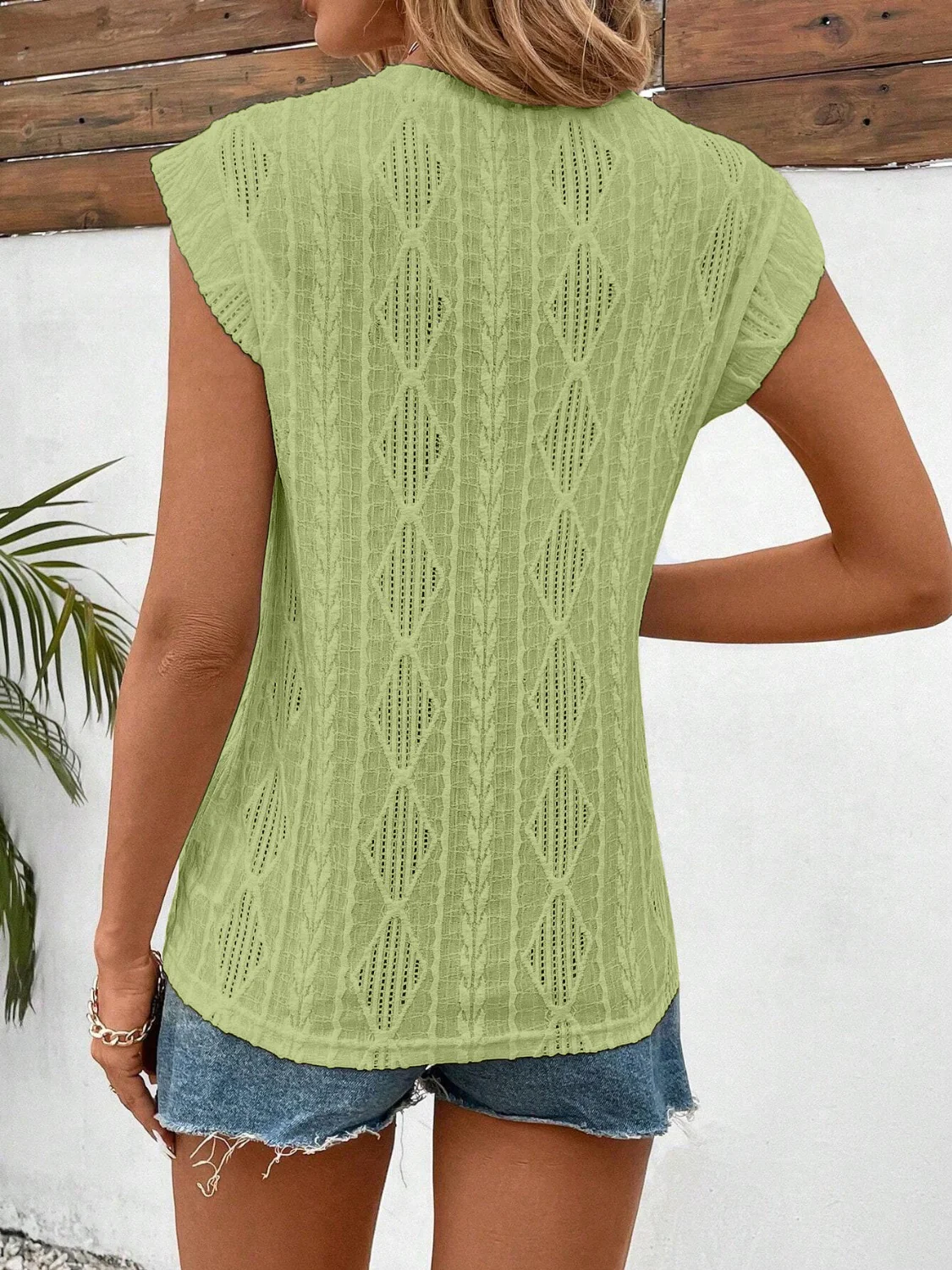 Openwork Round Neck Cap Sleeve Top - Image 20