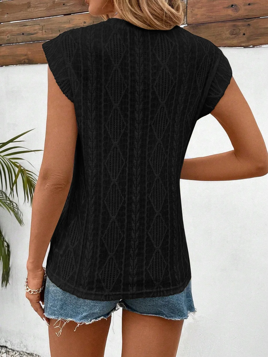 Openwork Round Neck Cap Sleeve Top - Image 27