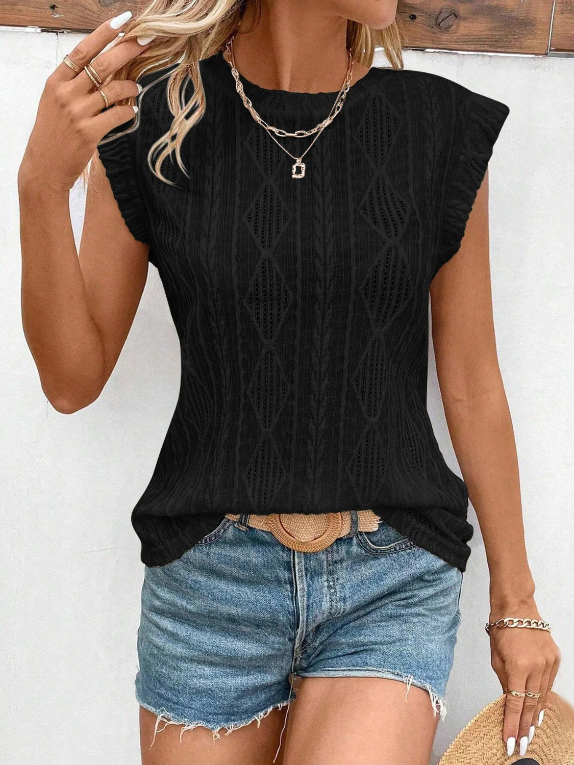 Openwork Round Neck Cap Sleeve Top - Image 28