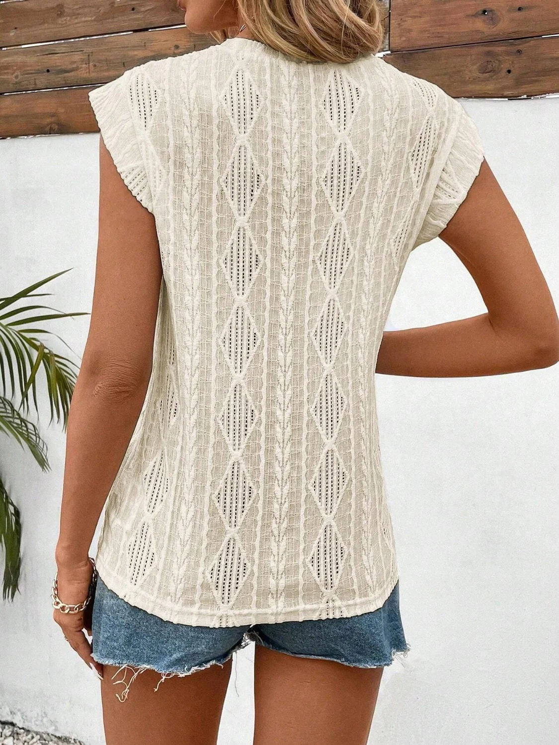 Openwork Round Neck Cap Sleeve Top - Image 4