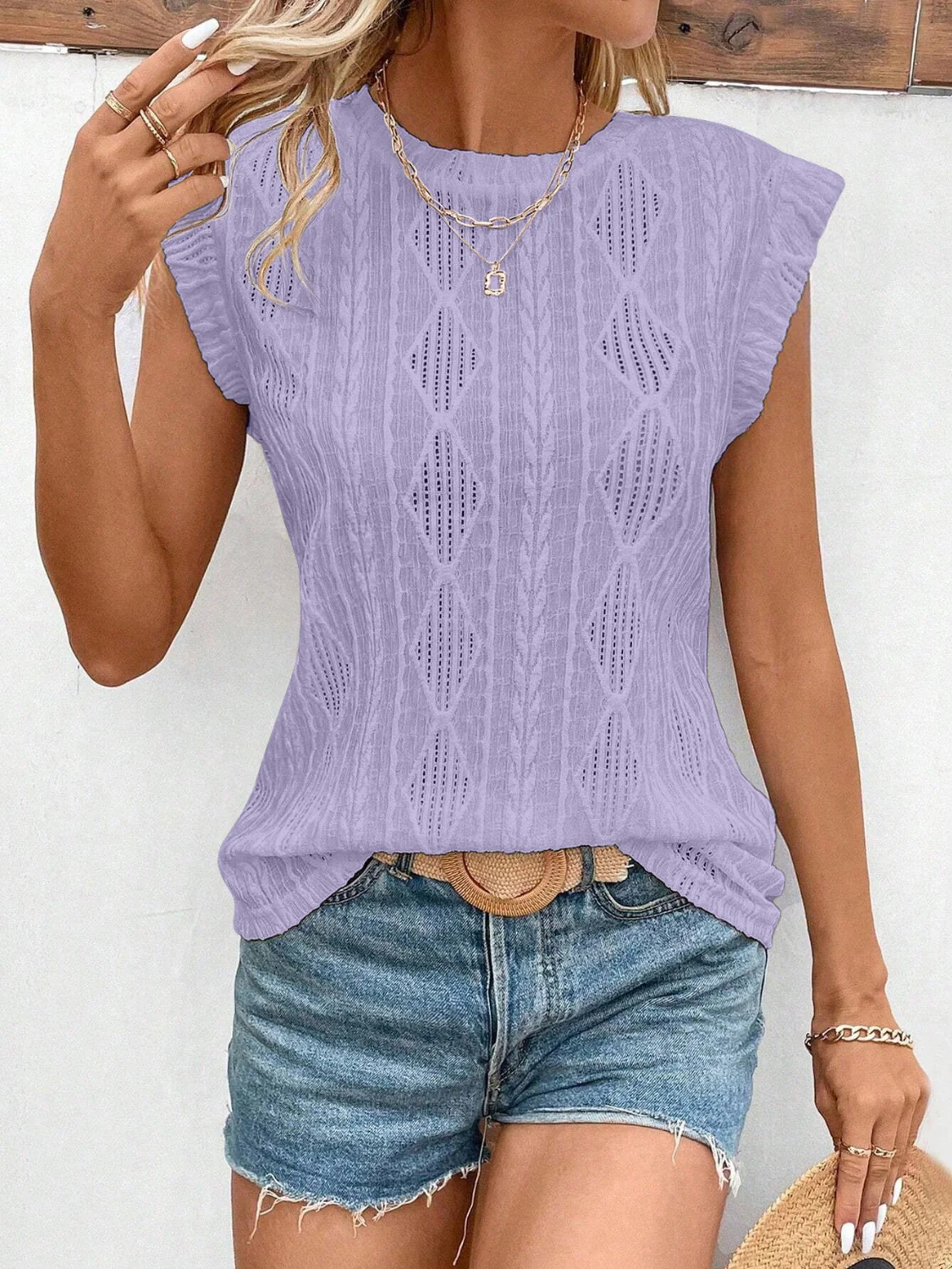 Openwork Round Neck Cap Sleeve Top - Image 5