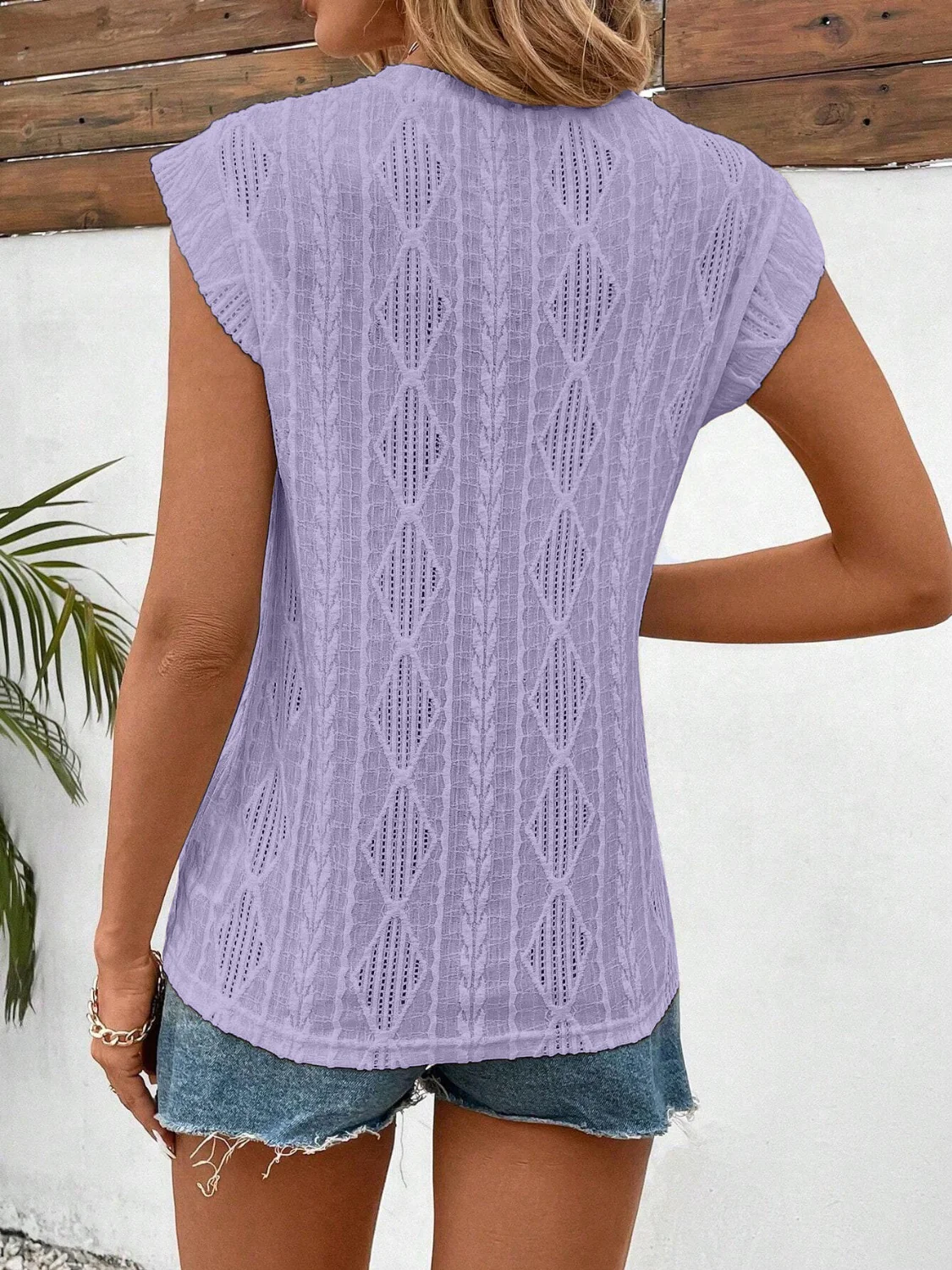 Openwork Round Neck Cap Sleeve Top - Image 6