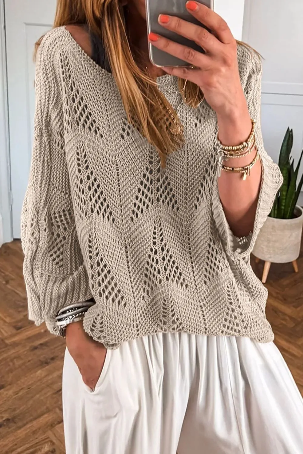 Openwork Round Neck Knit Top - Image 3