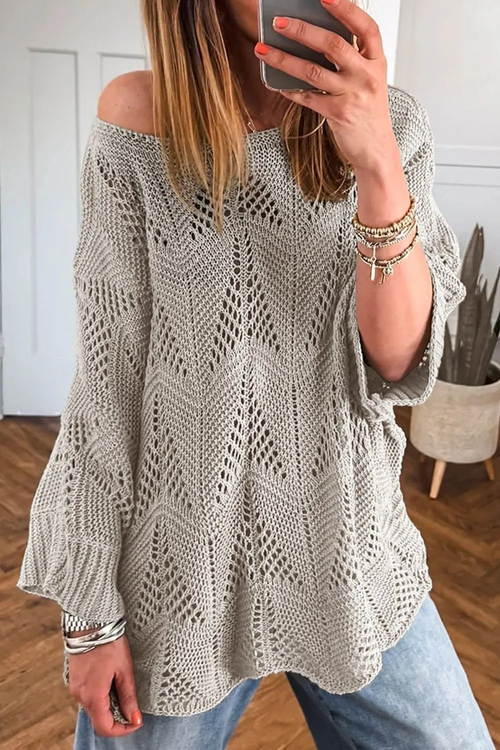 Openwork Round Neck Knit Top - Image 6