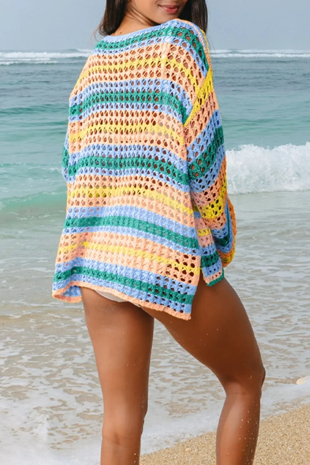 Openwork Round Neck Long Sleeve Knit Cover Up - Image 2