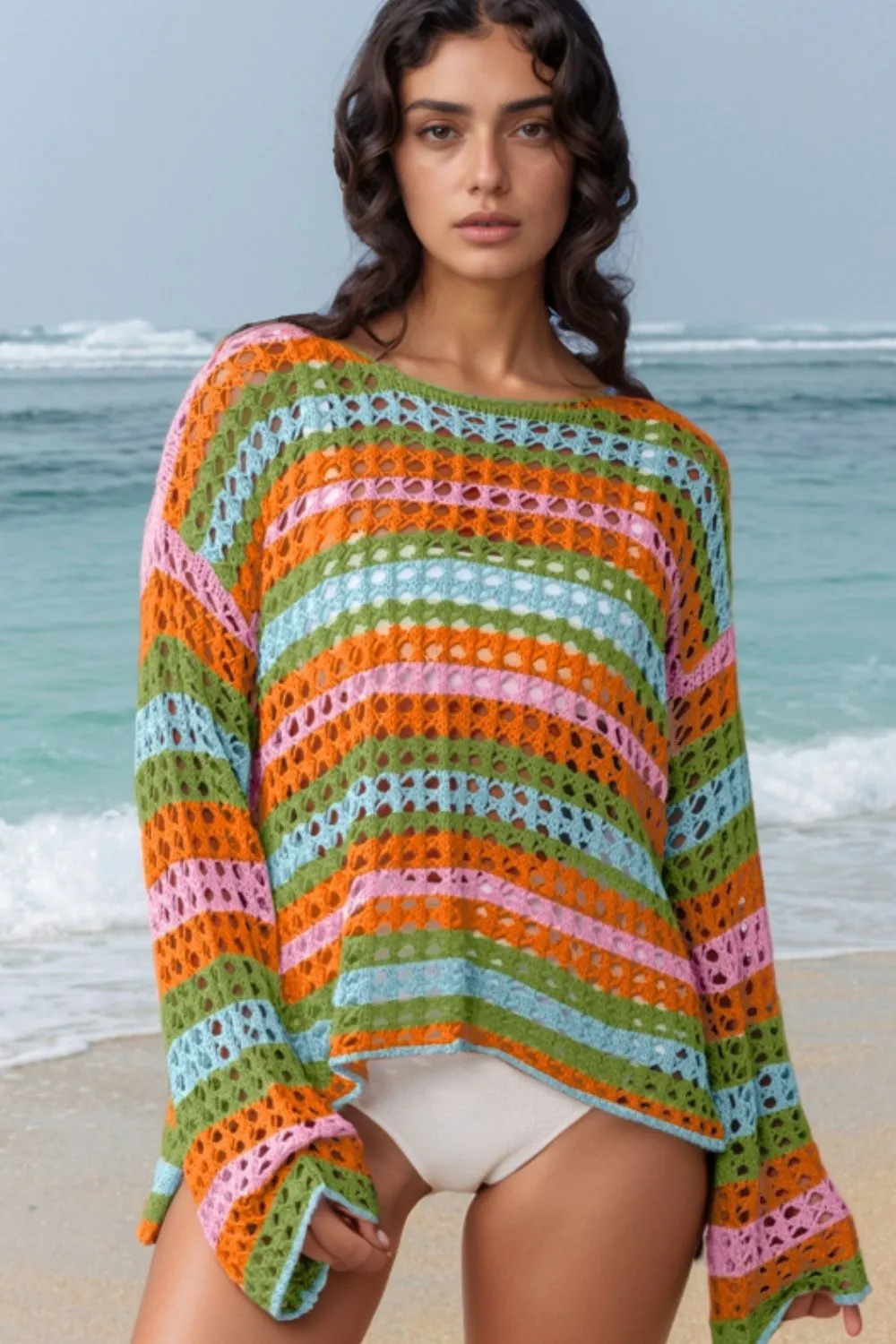 Openwork Round Neck Long Sleeve Knit Cover Up - Image 4