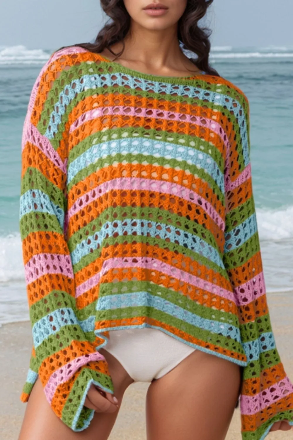 Openwork Round Neck Long Sleeve Knit Cover Up - Image 6