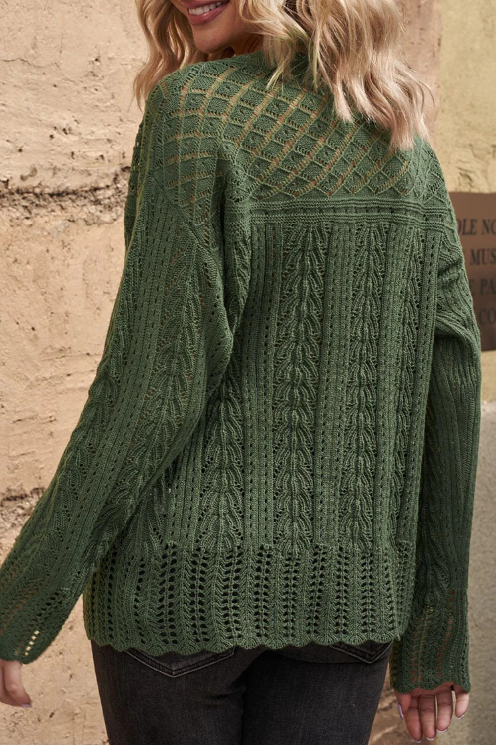 Openwork Round Neck Long Sleeve Knit Top - Image 3