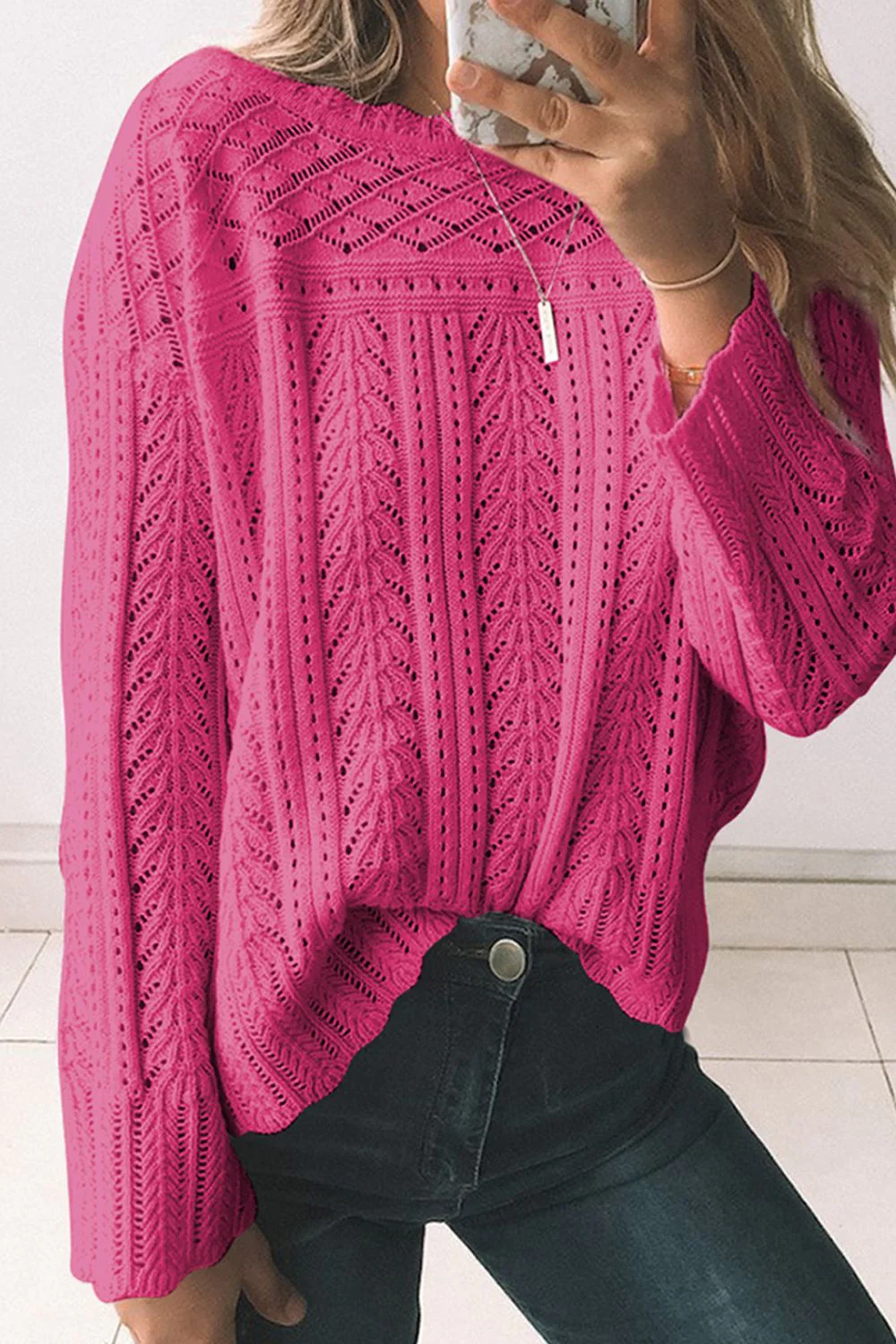 Openwork Round Neck Long Sleeve Knit Top - Image 4