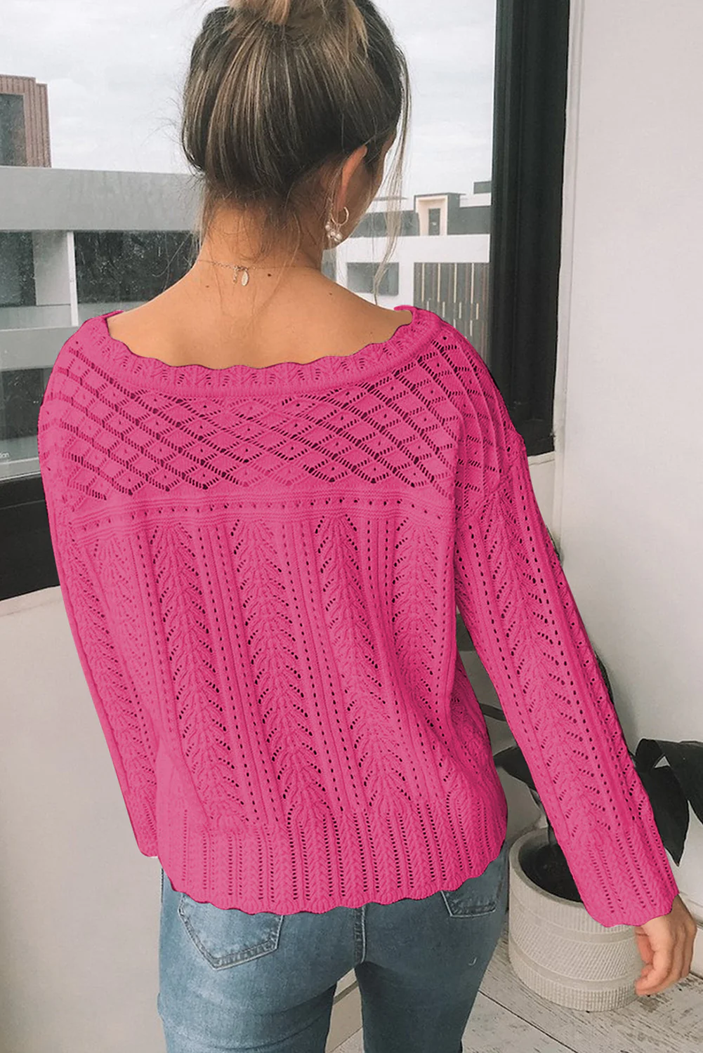 Openwork Round Neck Long Sleeve Knit Top - Image 5