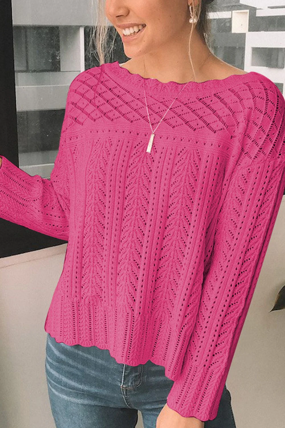 Openwork Round Neck Long Sleeve Knit Top - Image 6