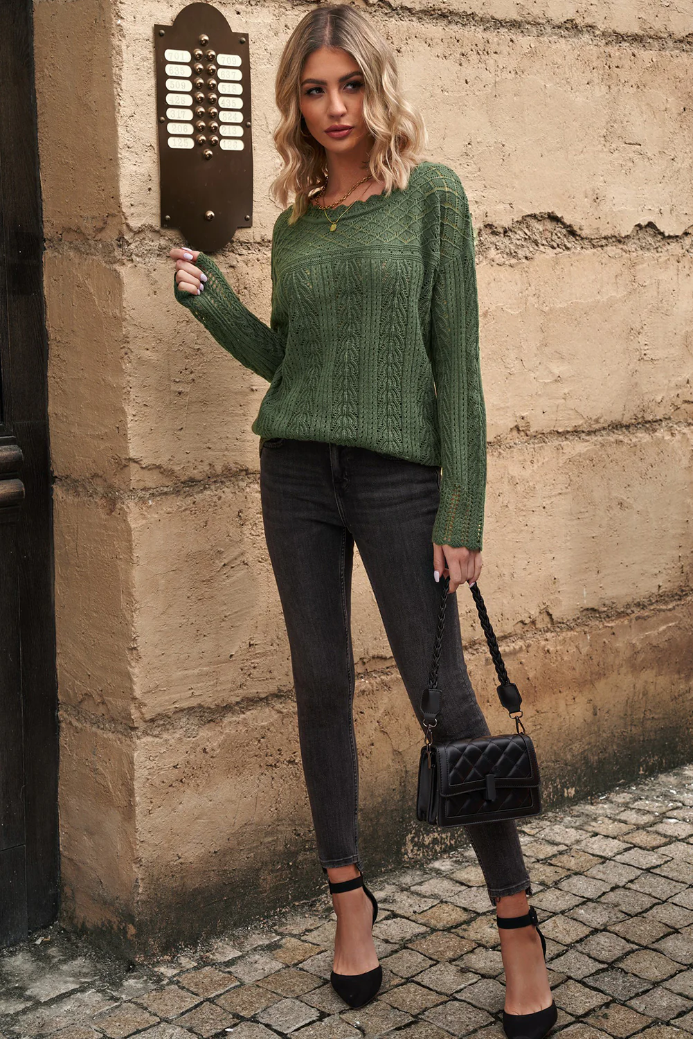 Openwork Round Neck Long Sleeve Knit Top - Image 7