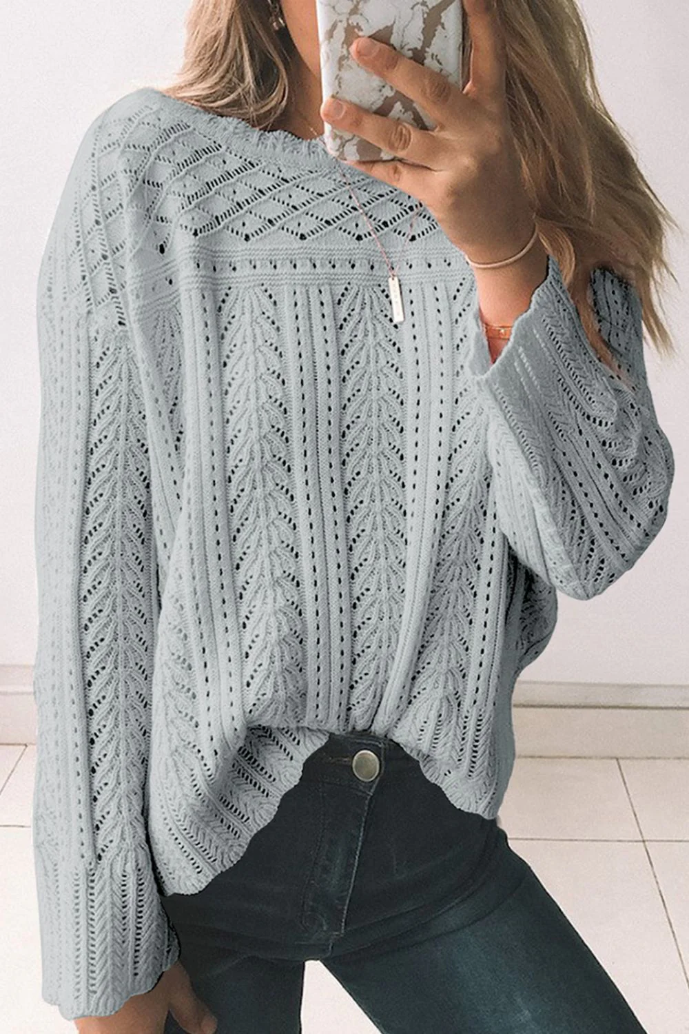 Openwork Round Neck Long Sleeve Knit Top - Image 8
