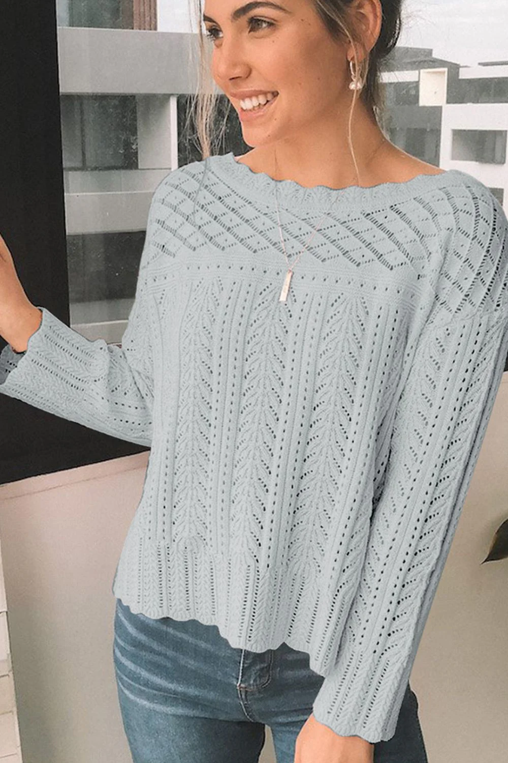 Openwork Round Neck Long Sleeve Knit Top - Image 9