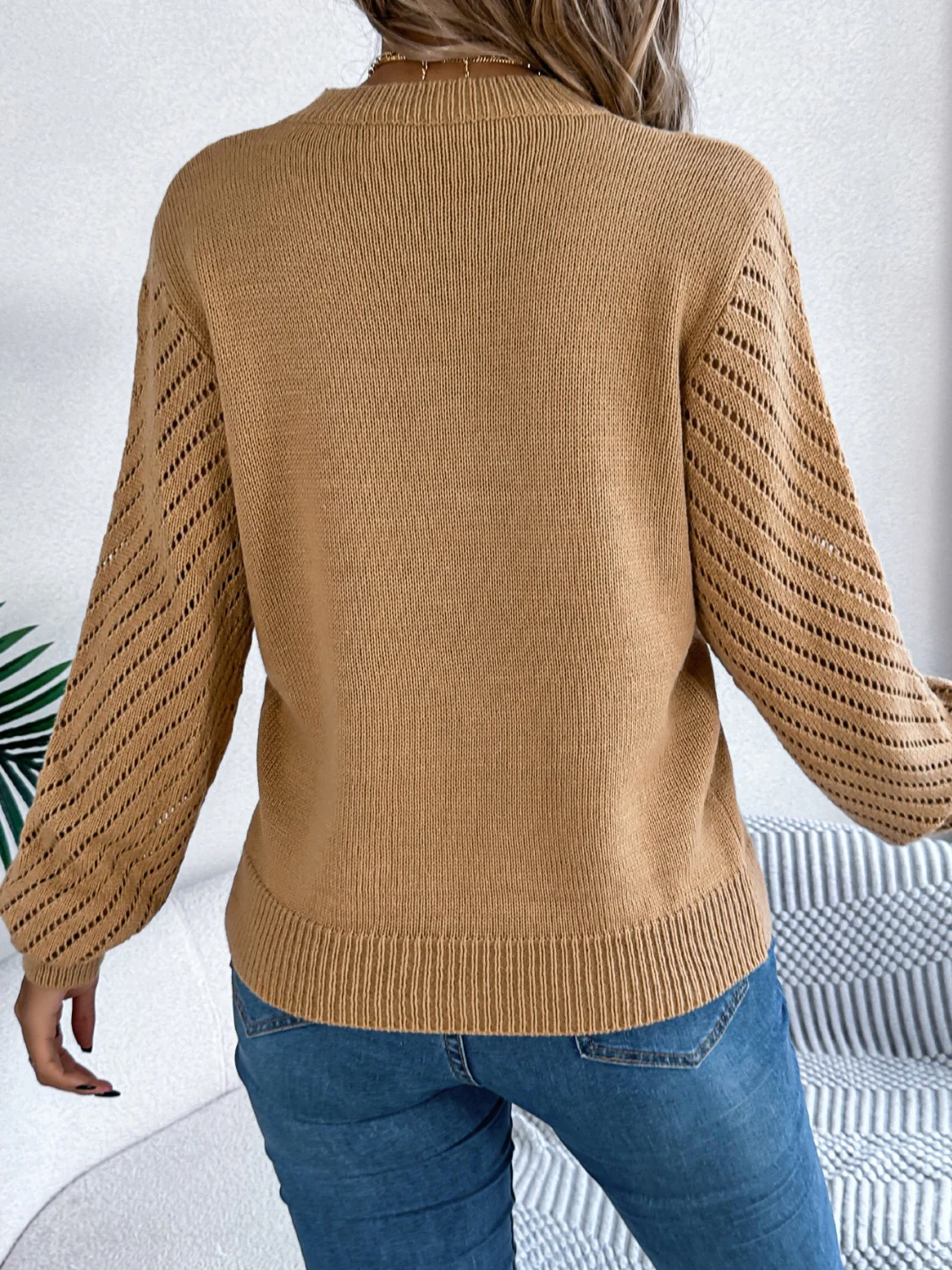 Openwork Round Neck Long Sleeve Knit Top - Image 10
