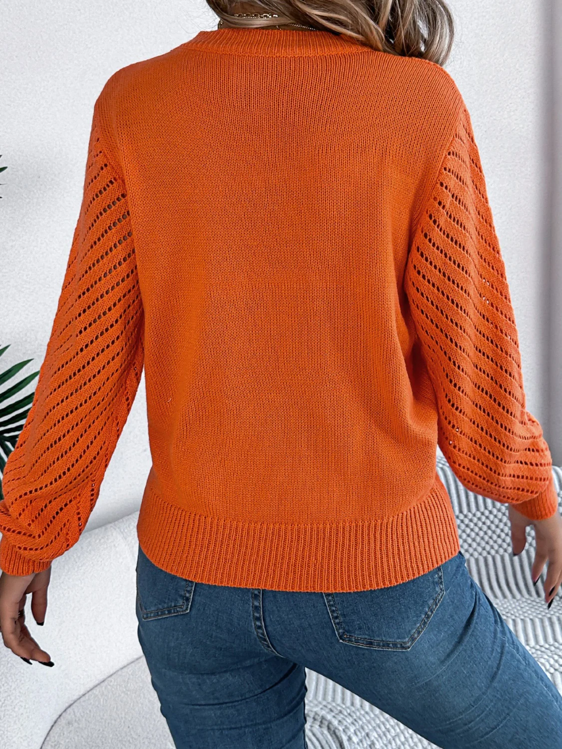 Openwork Round Neck Long Sleeve Knit Top - Image 8