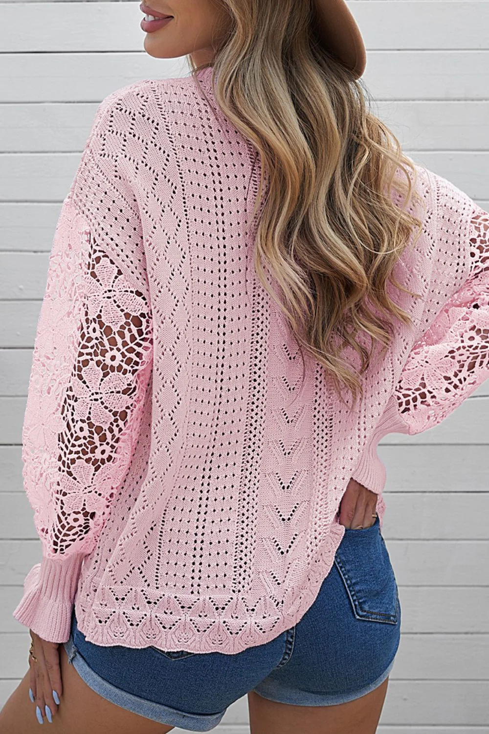Openwork Round Neck Long Sleeve Sweater - Image 10